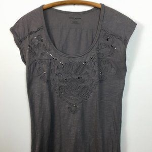 DKNY Jeans Beaded Embellished Raw Hem Slub Jersey Tee Womens Small